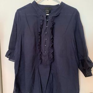 Navy linen ruffle blouse